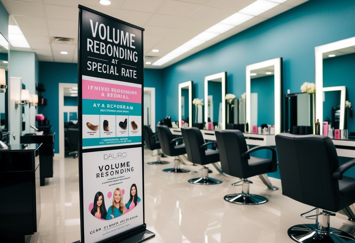 A salon interior with a prominent display of promotional materials for volume rebonding at a special rate