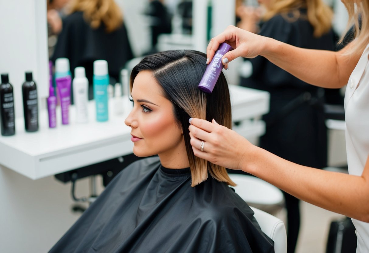 A salon chair with a client's hair being treated by a stylist using volume rebonding products