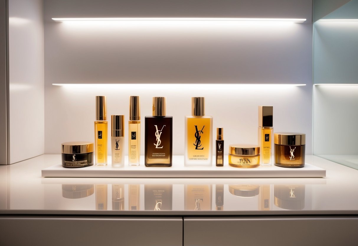 A glamorous display of YSL products arranged on a sleek, minimalist countertop with soft lighting and a sense of luxury