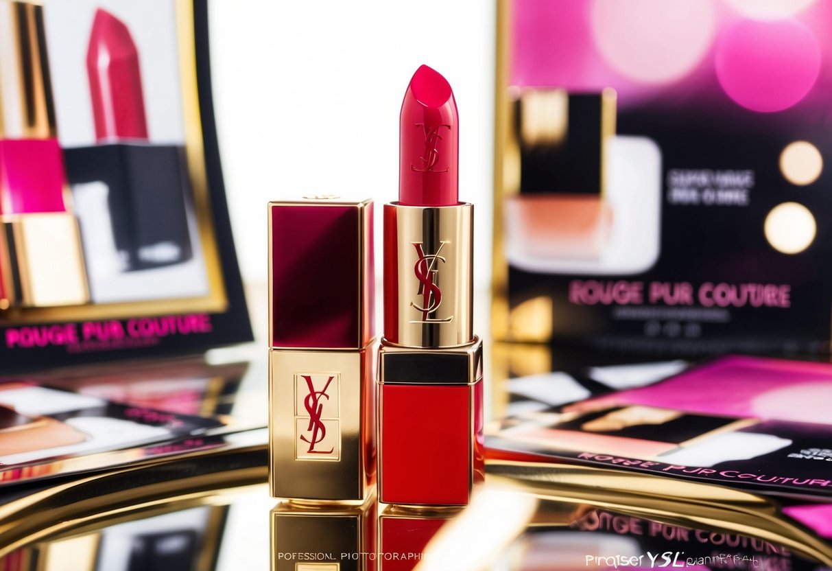 A vibrant YSL Rouge Pur Couture Lipstick surrounded by promotional materials in a luxurious setting