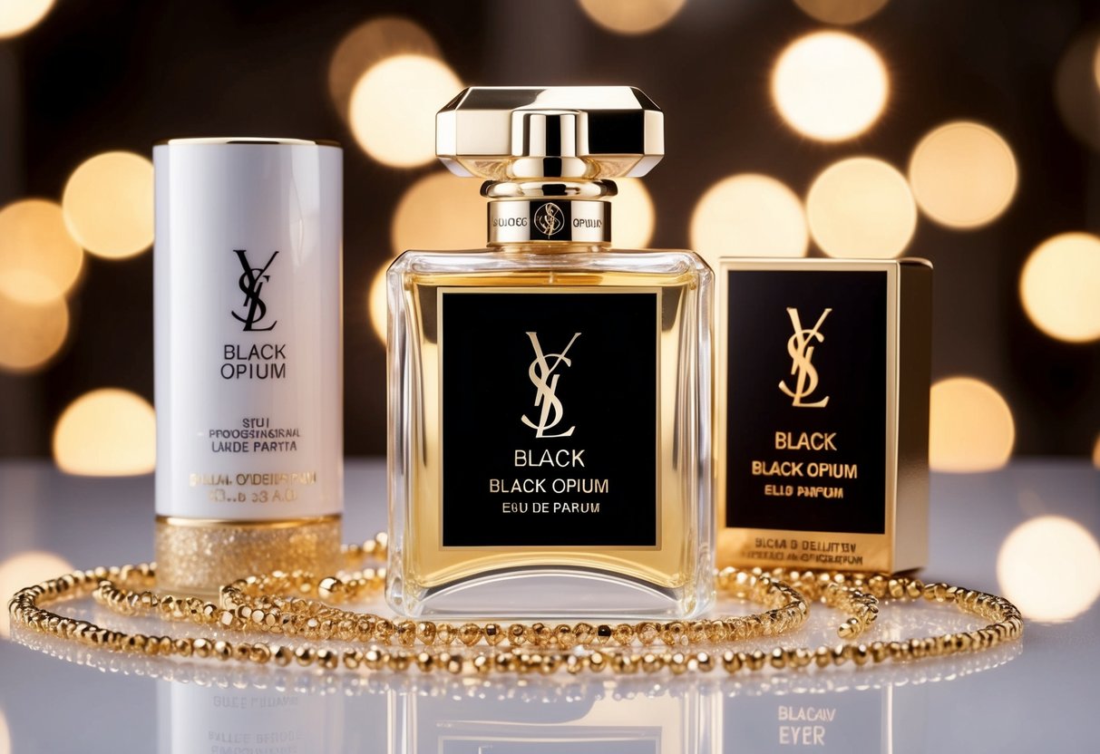 A glamorous bottle of YSL Black Opium Eau de Parfum surrounded by sparkling promotional materials