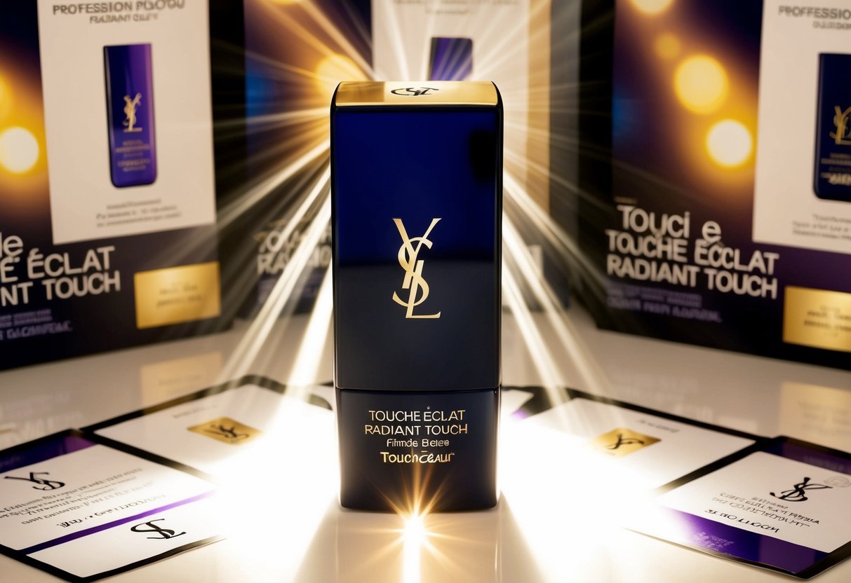 A radiant light shining on the YSL Touche Éclat Radiant Touch product amidst a display of promotional materials