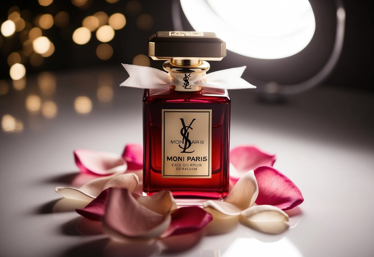 A bottle of YSL Mon Paris Eau de Parfum surrounded by delicate rose petals and a ribbon, with a spotlight shining on it
