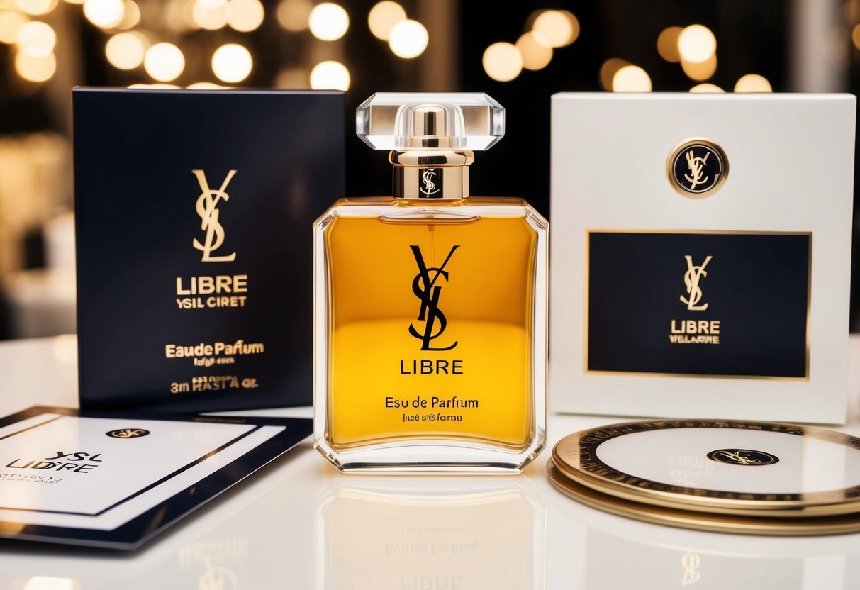 A luxurious bottle of YSL Libre Eau de Parfum surrounded by elegant promotional materials and a sophisticated display
