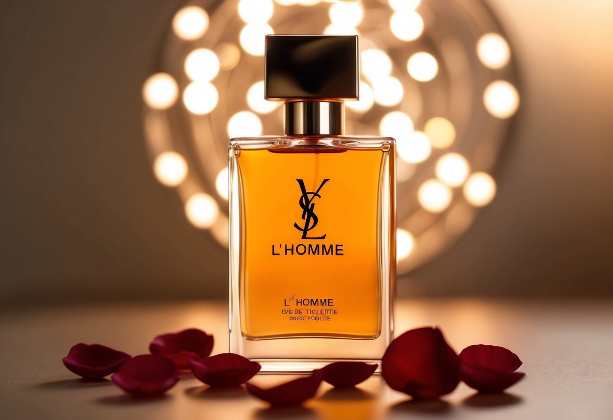 A sleek bottle of YSL L'Homme Eau de Toilette surrounded by scattered rose petals and a soft, warm glow emanating from the background