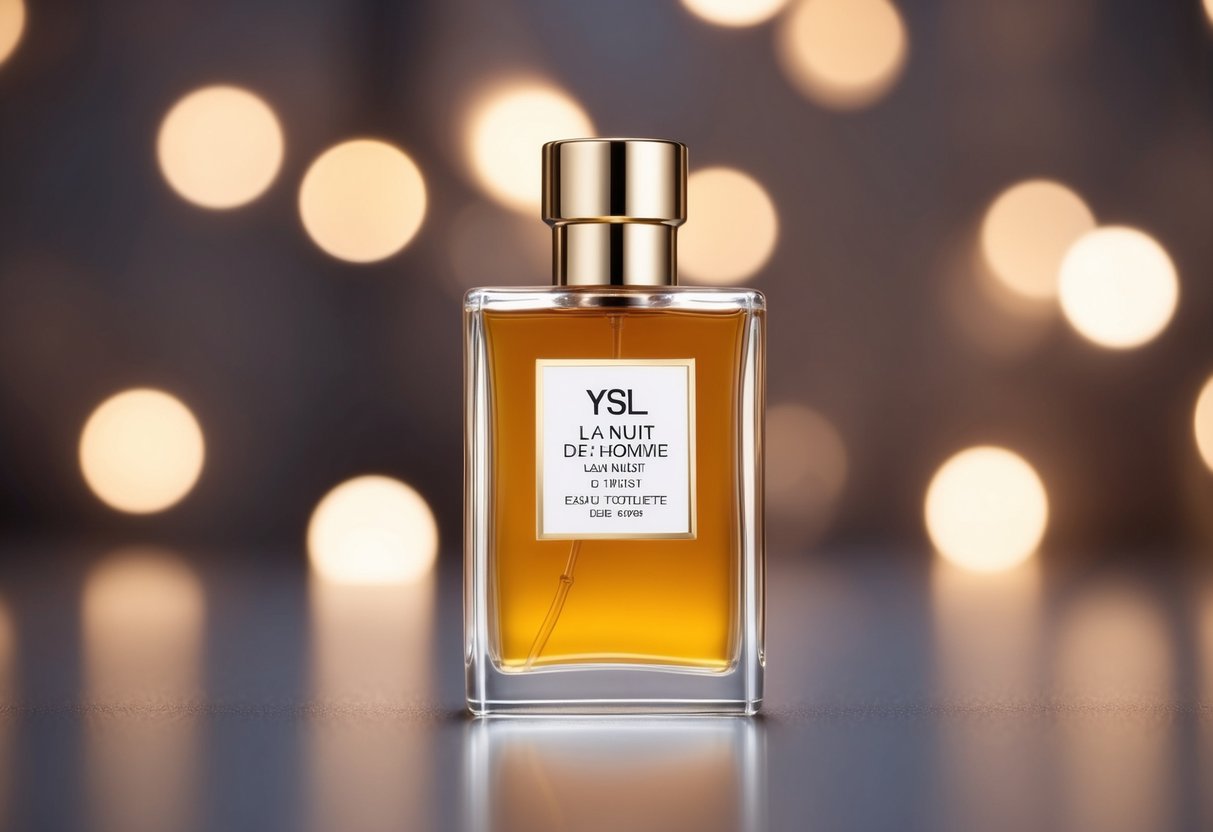 A sleek bottle of YSL La Nuit de L'Homme Eau de Toilette surrounded by soft, moody lighting and subtle hints of luxury