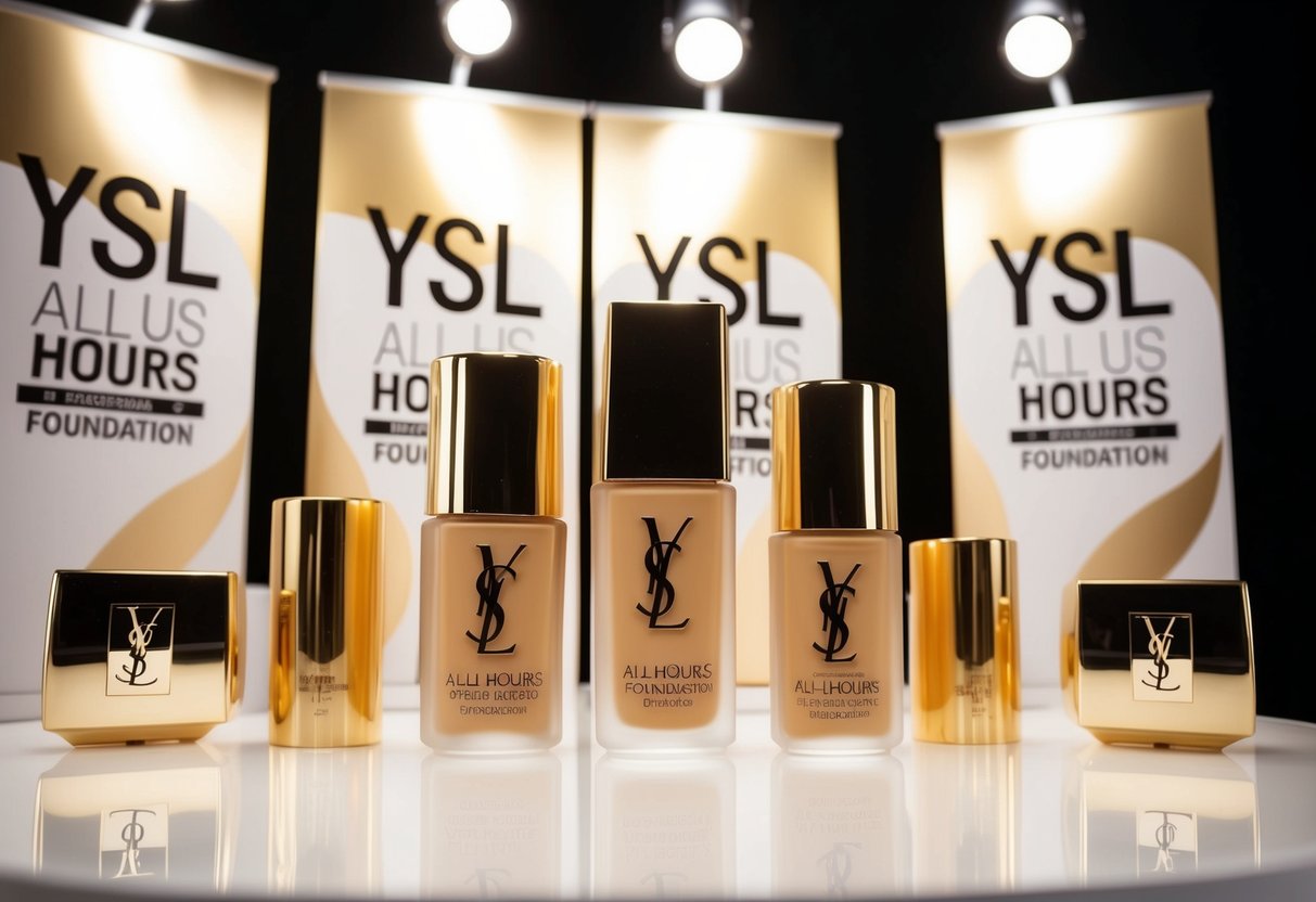 A glamorous display of YSL All Hours Foundation surrounded by promotional banners and spotlights