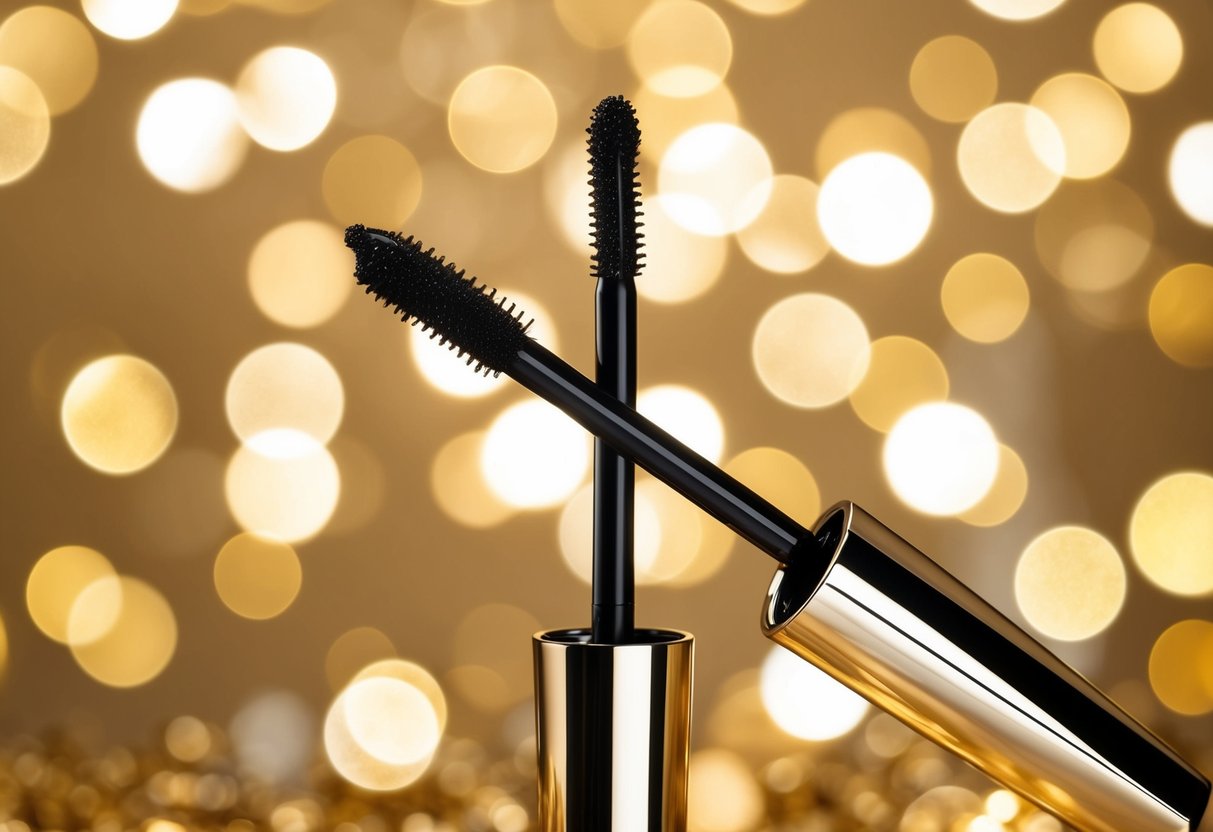 A glamorous mascara wand surrounded by floating golden sparkles