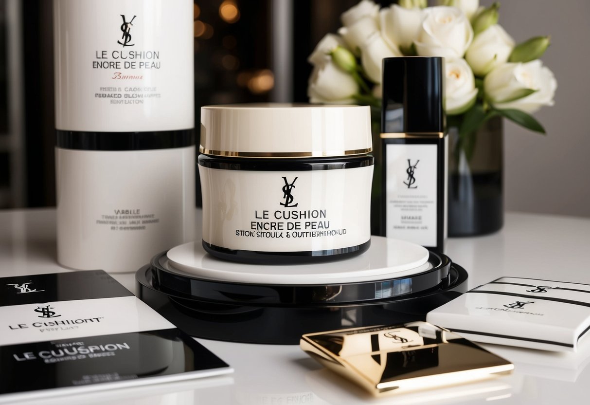 A luxurious YSL Le Cushion Encre de Peau product surrounded by elegant promotional materials in a sophisticated, high-end setting