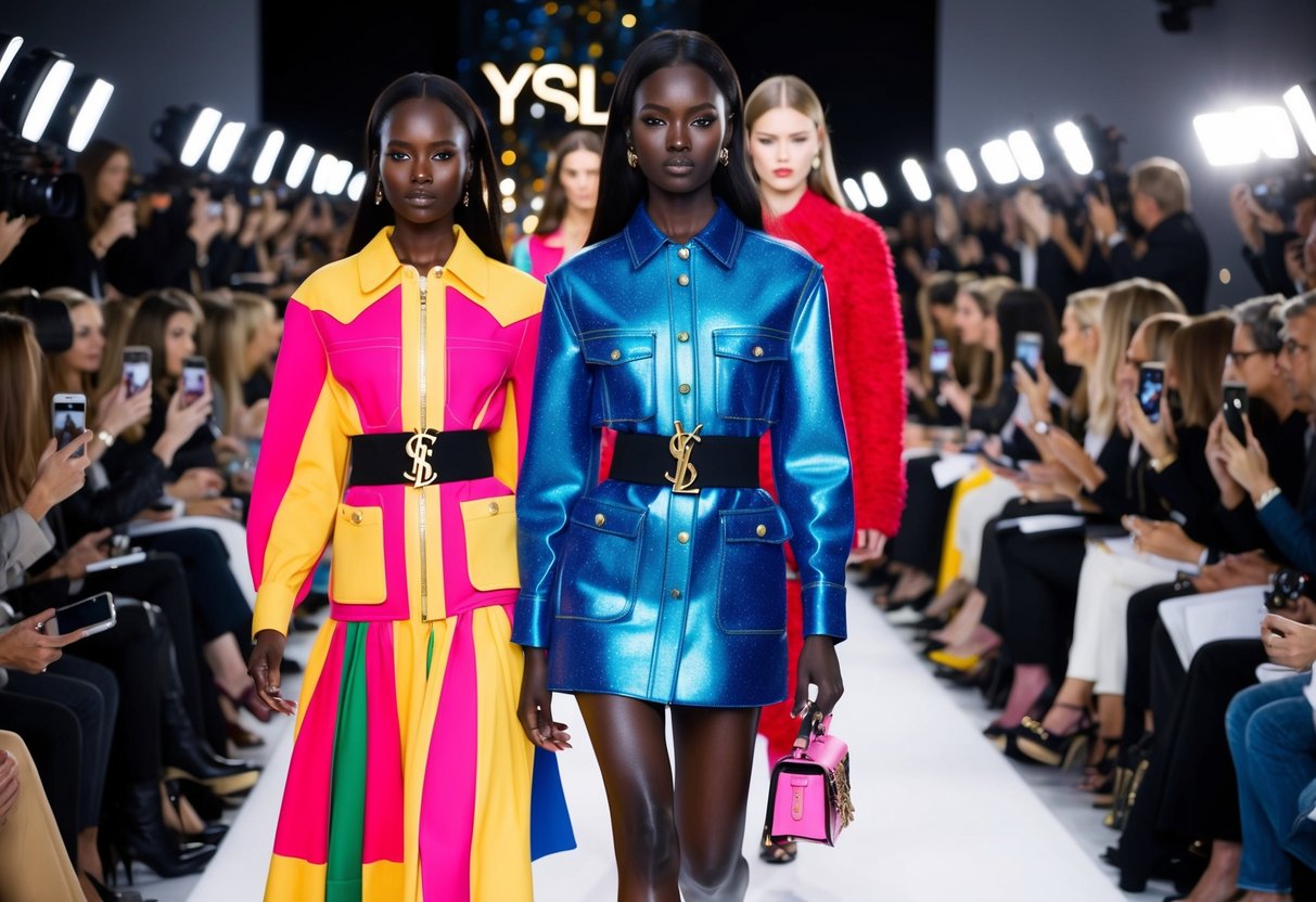 A vibrant fashion show with models walking down the runway wearing YSL's latest collection, surrounded by flashing cameras and enthusiastic spectators