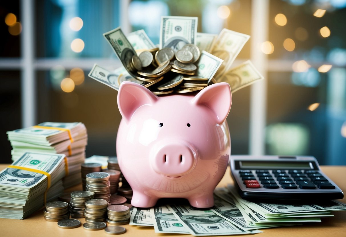A piggy bank overflowing with coins and bills, surrounded by stacks of money and a calculator