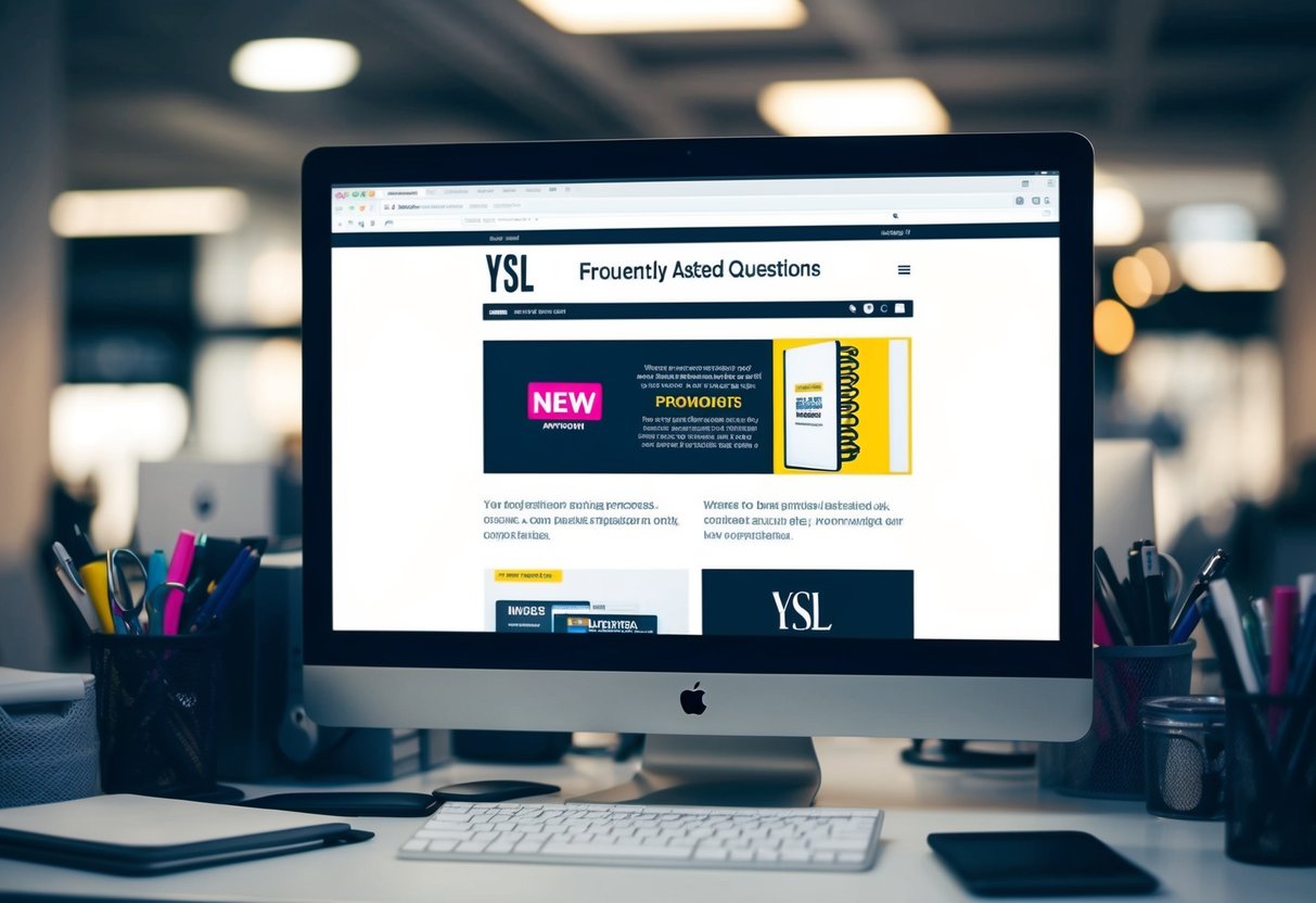 A computer screen displaying a webpage with the heading "Frequently Asked Questions" and YSL promotions, surrounded by various office supplies