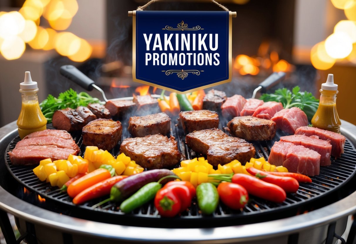 A sizzling grill with various cuts of marinated meat surrounded by colorful vegetables and condiments. A banner with the words "yakiniku promotions" hangs in the background