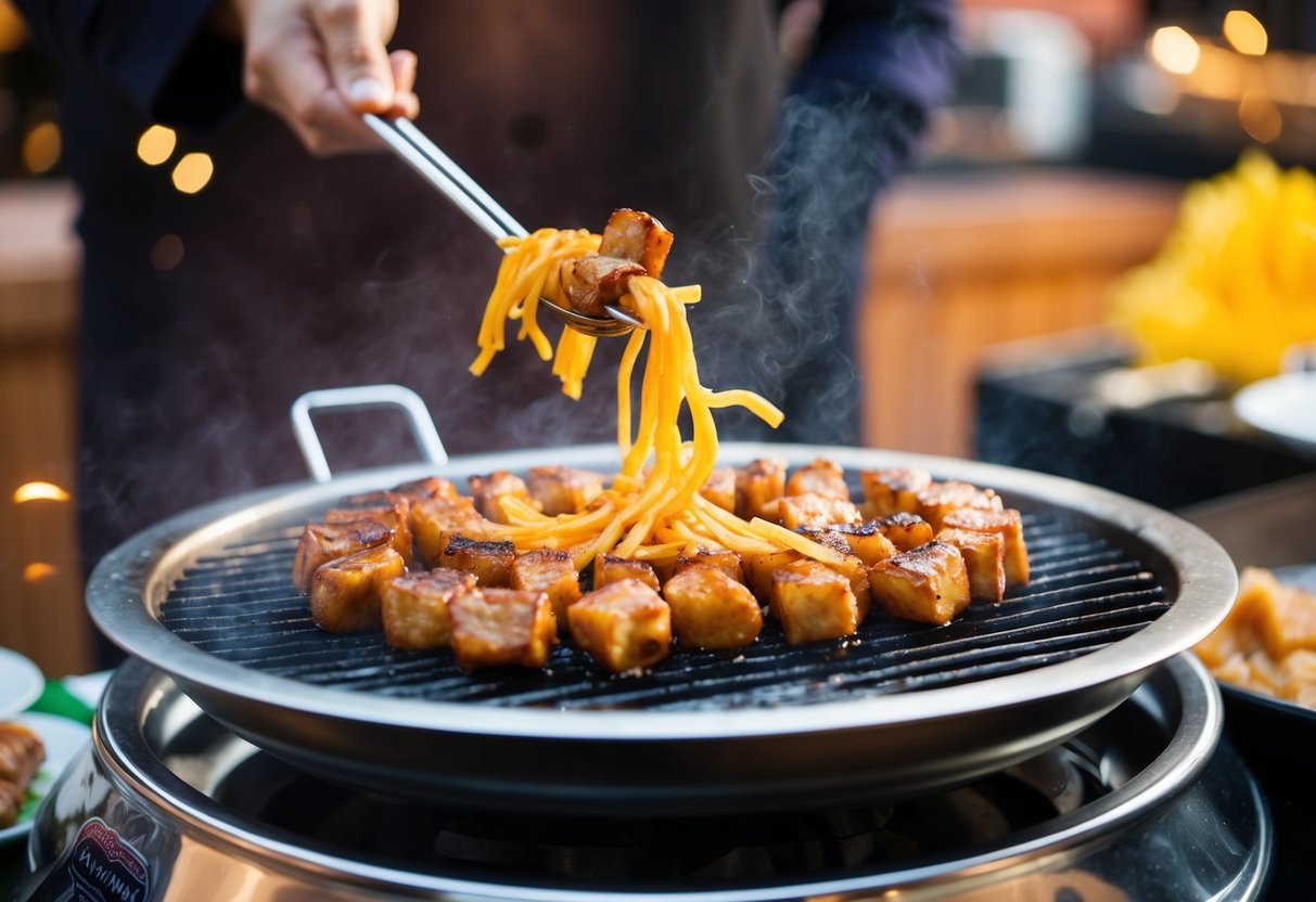 A sizzling suetake platter on a grill at Tsubame yakiniku promotions