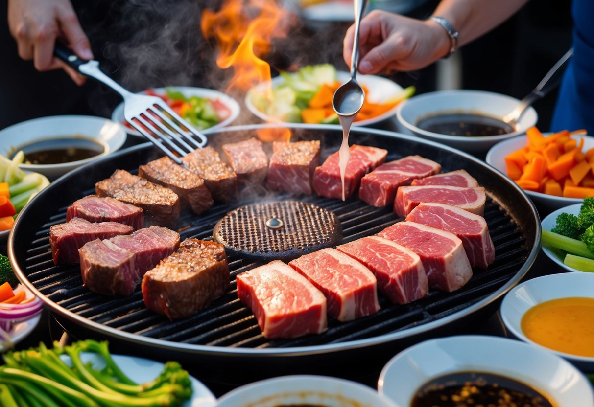 A sizzling grill filled with various cuts of marbled wagyu beef, surrounded by plates of colorful vegetables and dipping sauces