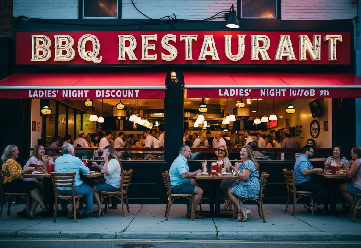 A bustling BBQ restaurant with vibrant signage and happy customers enjoying the ladies' night discount
