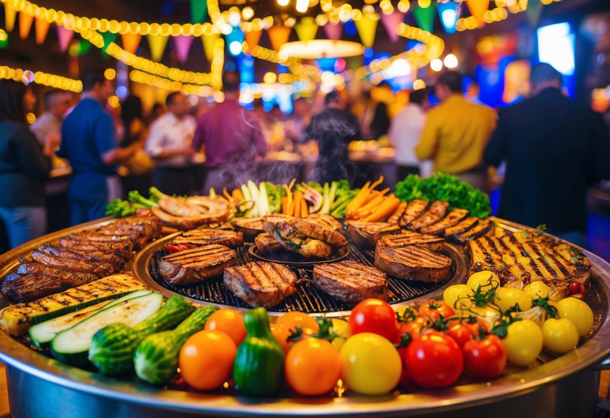 A colorful and vibrant display of various grilled meats and vegetables arranged on a sizzling hot plate, surrounded by a festive and lively atmosphere