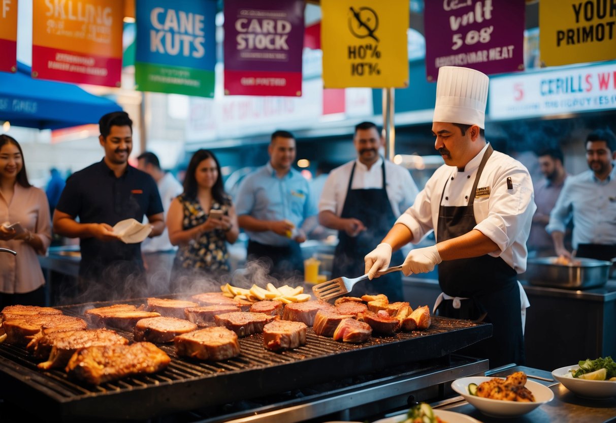 A sizzling grill with various cuts of marinated meat, surrounded by colorful banners and promotional signs. A chef skillfully cooking the meat as customers eagerly wait