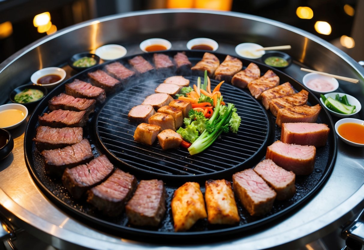 A table set with sizzling yakiniku grills, surrounded by various cuts of marbled beef, pork, and chicken. A platter of fresh vegetables and a selection of dipping sauces completes the scene