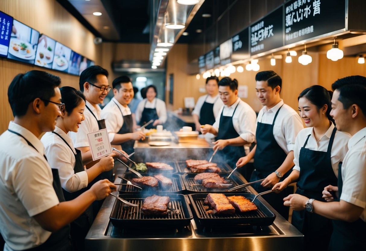 A bustling yakiniku restaurant with customers enjoying sizzling meat on tabletop grills, while staff members explain promotions to curious diners
