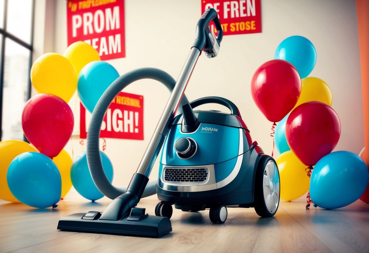 A vacuum cleaner surrounded by bright promotional signs and balloons
