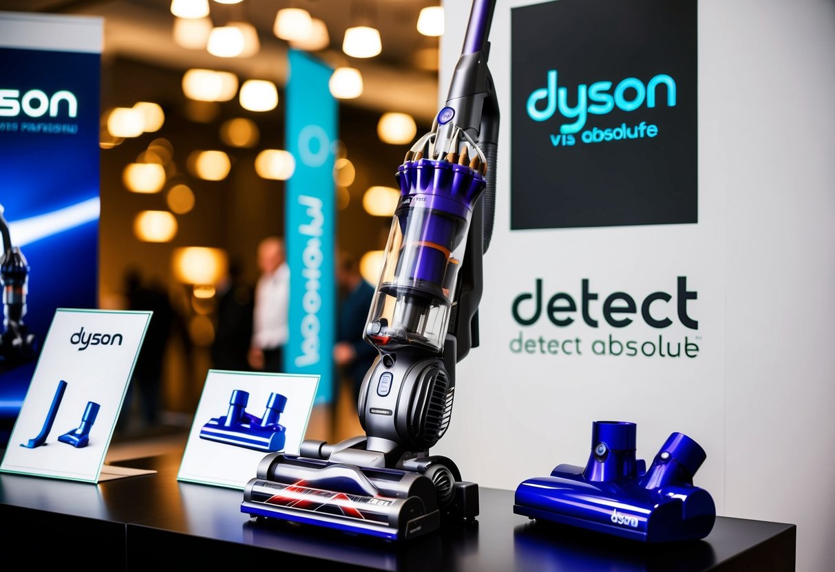 A sleek Dyson V15 Detect Absolute vacuum cleaner on display with promotional signage and accessories