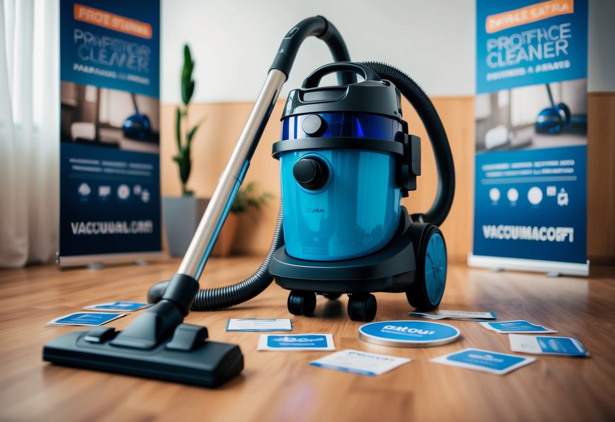A vacuum cleaner surrounded by promotional items and banners