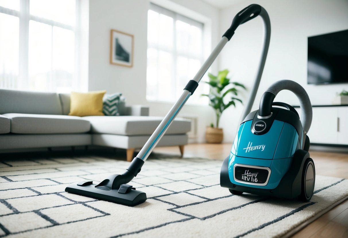 A brightly lit living room with a sleek Henry Hoover HVR160 vacuum cleaner prominently displayed on a clean, patterned rug