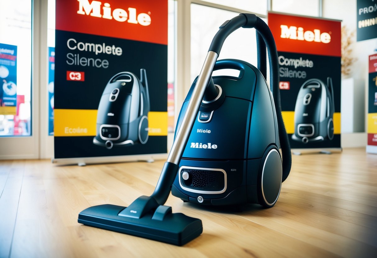 A sleek Miele Complete C3 Silence EcoLine vacuum cleaner displayed with promotional banners and discounts