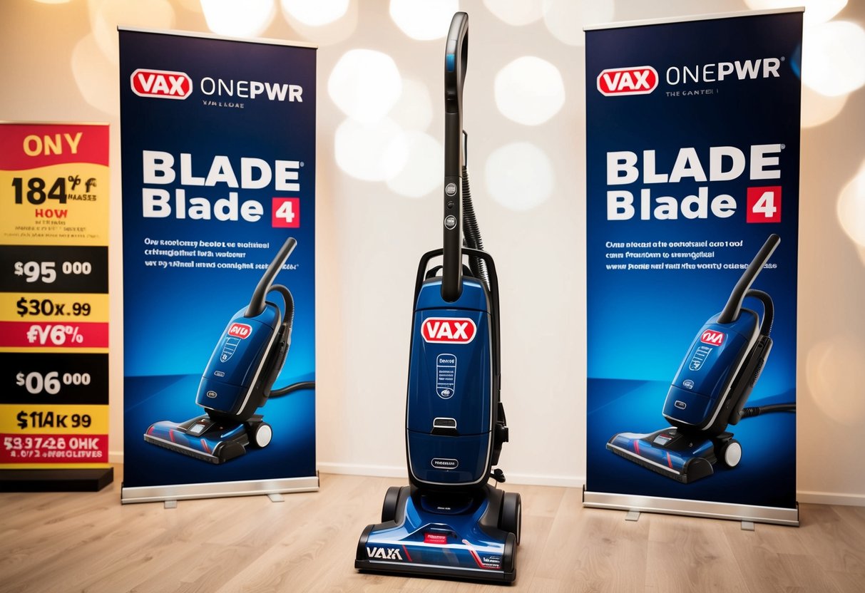 The Vax ONEPWR Blade 4 vacuum cleaner displayed with promotional banners and discounts