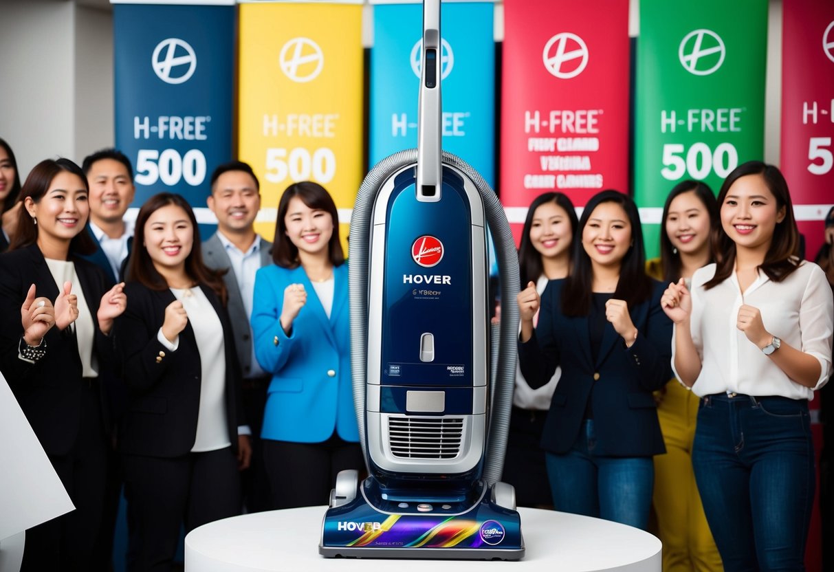 A sleek Hoover H-Free 500 vacuum cleaner displayed among colorful promotional banners and surrounded by excited customers