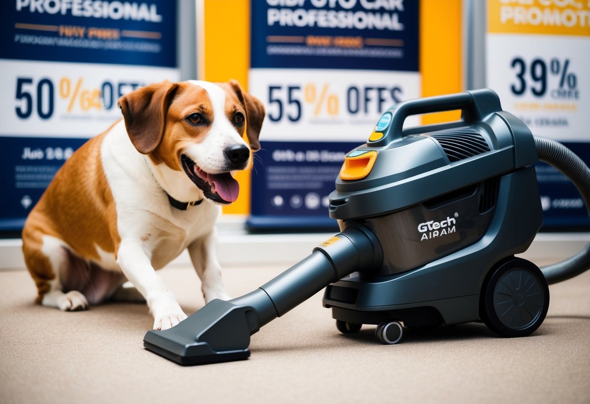 A happy dog plays with a Gtech AirRam MK2 K9 vacuum cleaner, surrounded by promotional banners and discounts