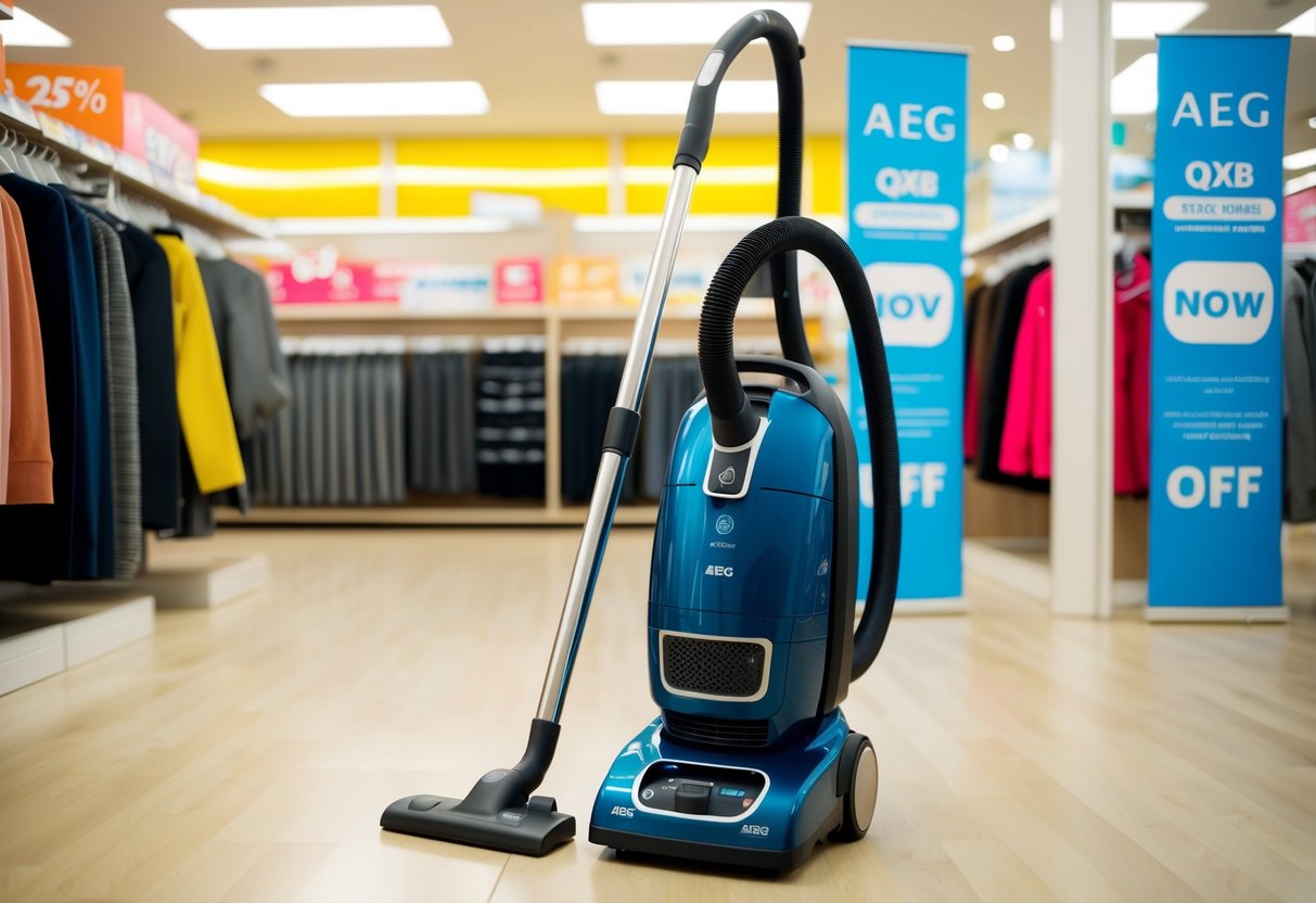AEG QX8-1-45CR vacuum cleaner displayed with promotional banners and discount tags in a brightly lit retail store