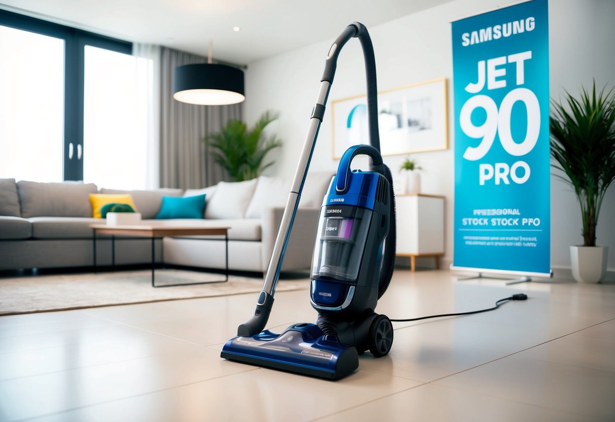 A sleek Samsung Jet 90 Pro vacuum cleaner displayed on a clean, modern living room floor with bright lighting and a promotional banner nearby