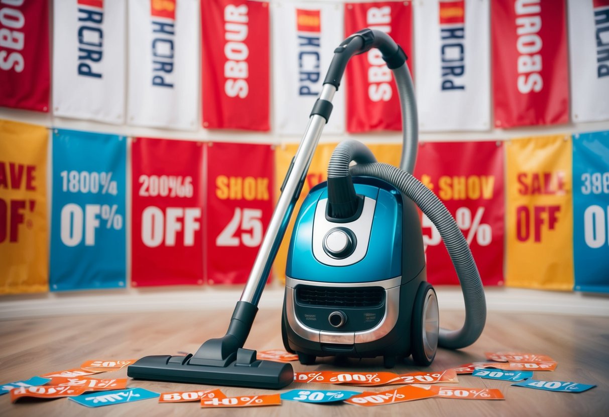 A vacuum cleaner surrounded by promotional banners and discount tags