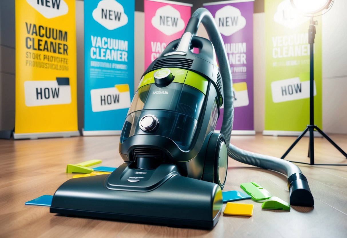 A vacuum cleaner surrounded by colorful promotional banners and signs, with a spotlight shining on it