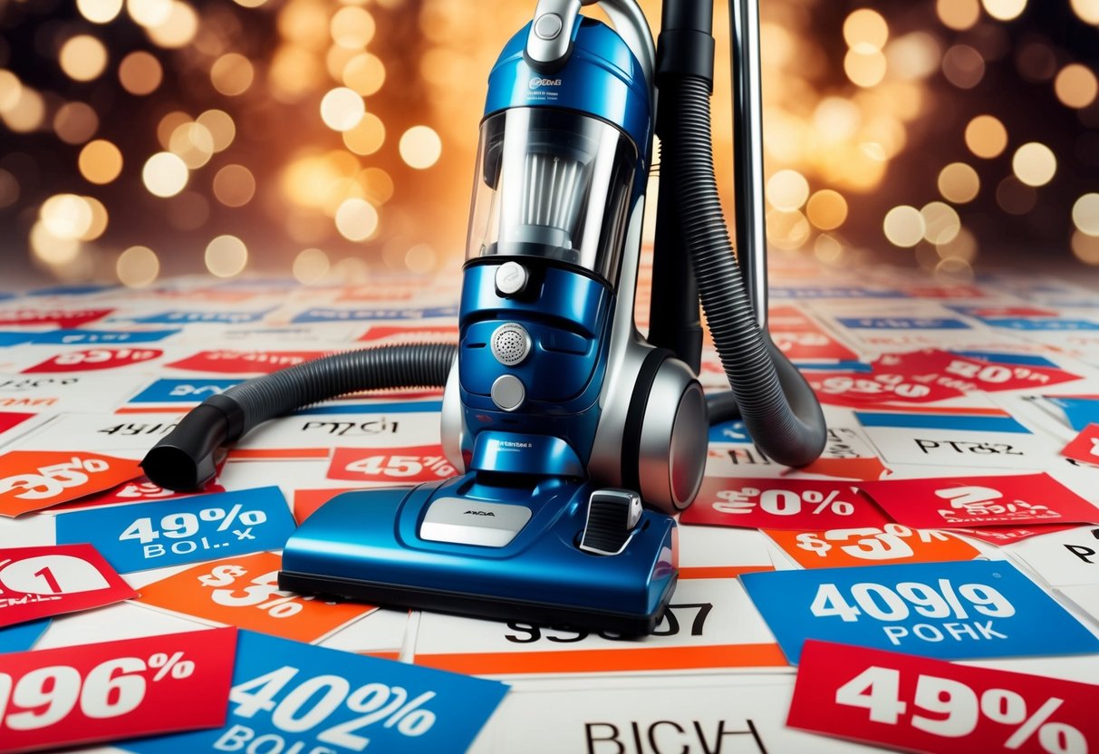 A vacuum cleaner surrounded by various discounted price tags and promotional banners