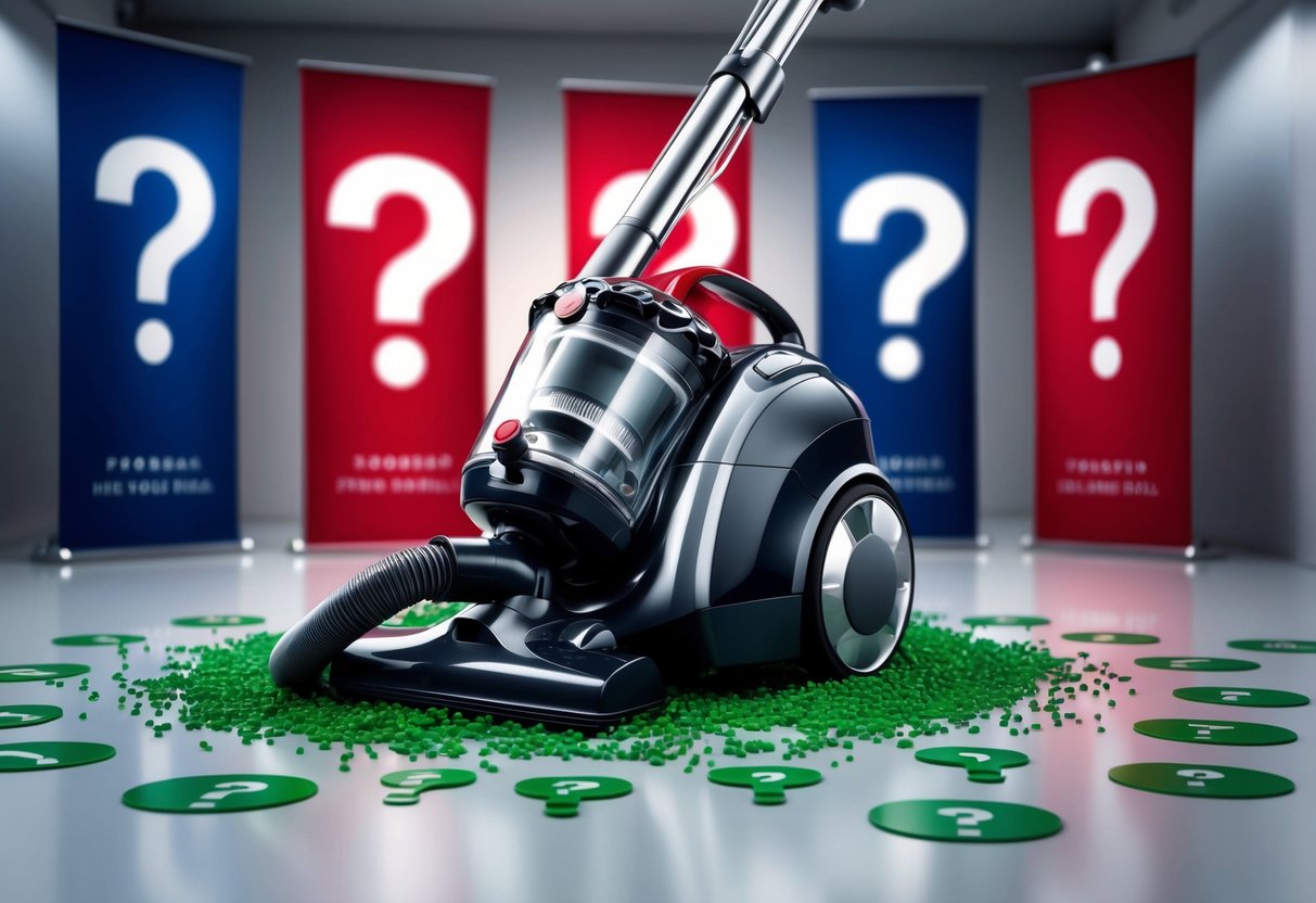 A vacuum cleaner surrounded by question marks and promotional banners