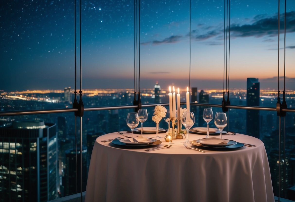 A table set with elegant dinnerware and a candlelit ambiance, suspended high above a city skyline under a starry night