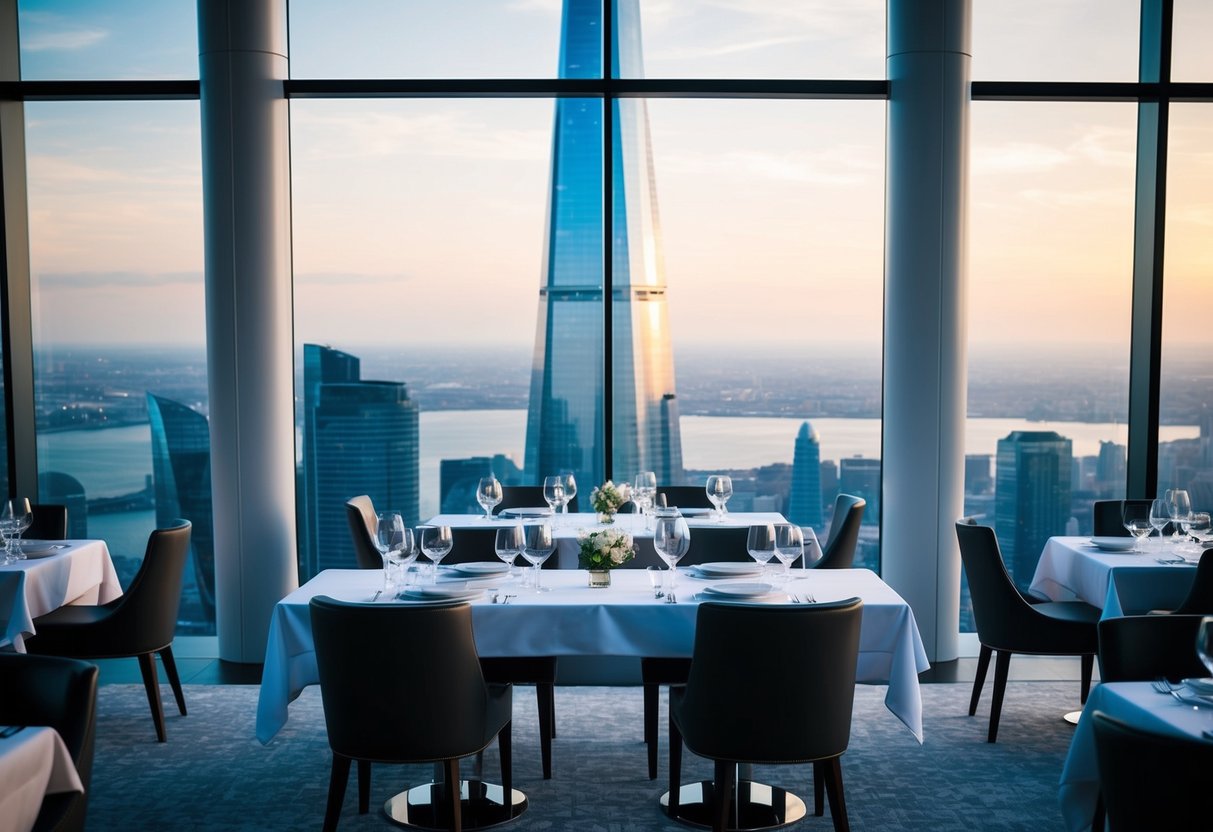 A sleek, modern restaurant perched high in The Shard, with panoramic city views and elegant dining setups