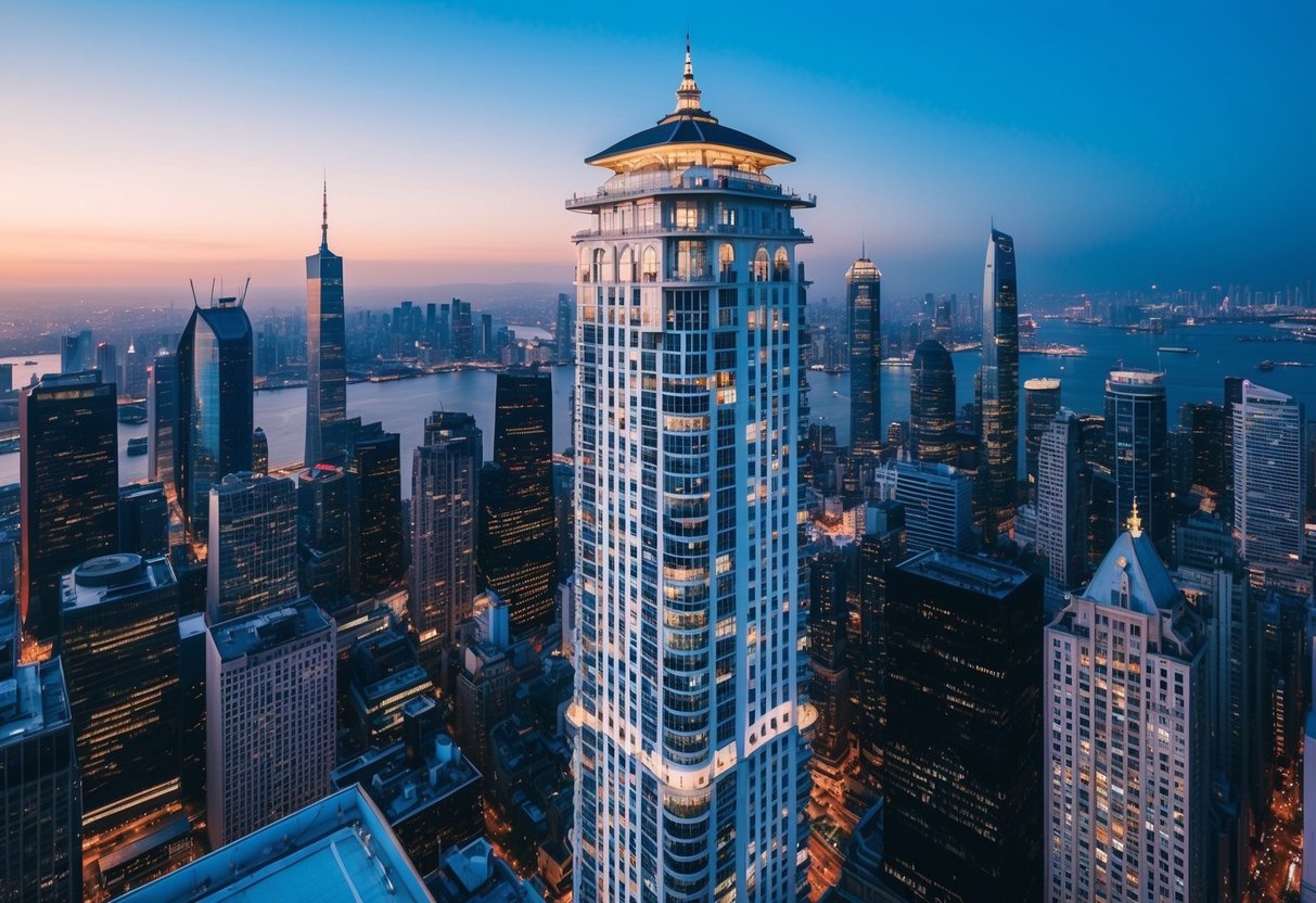 A panoramic view of a bustling city skyline at dusk, with a luxurious restaurant perched on a high-rise building, surrounded by twinkling lights