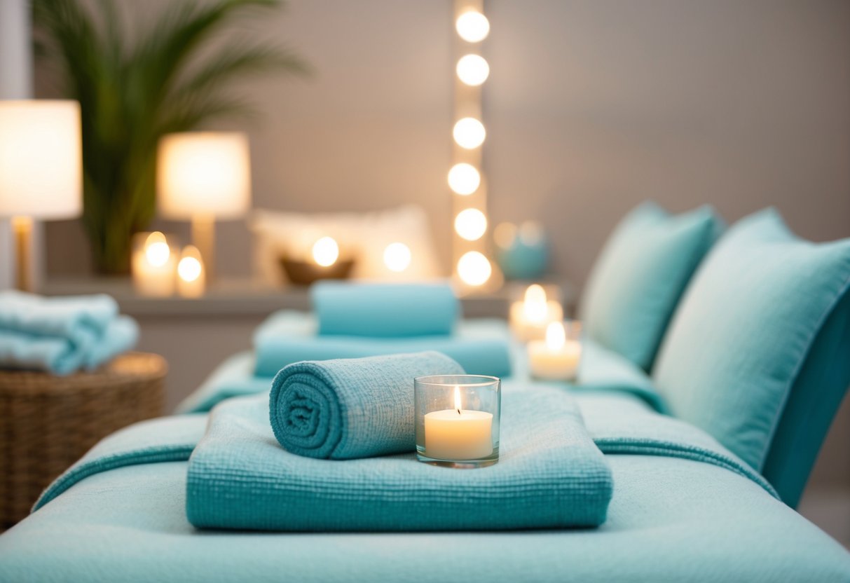 A serene spa setting with a relaxing atmosphere, featuring soft lighting, comfortable seating, and tranquil decor