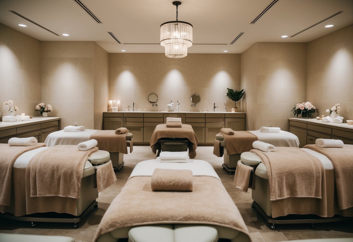 A serene spa room filled with soft lighting, plush towels, and various treatment stations offering facials, massages, and other pampering services