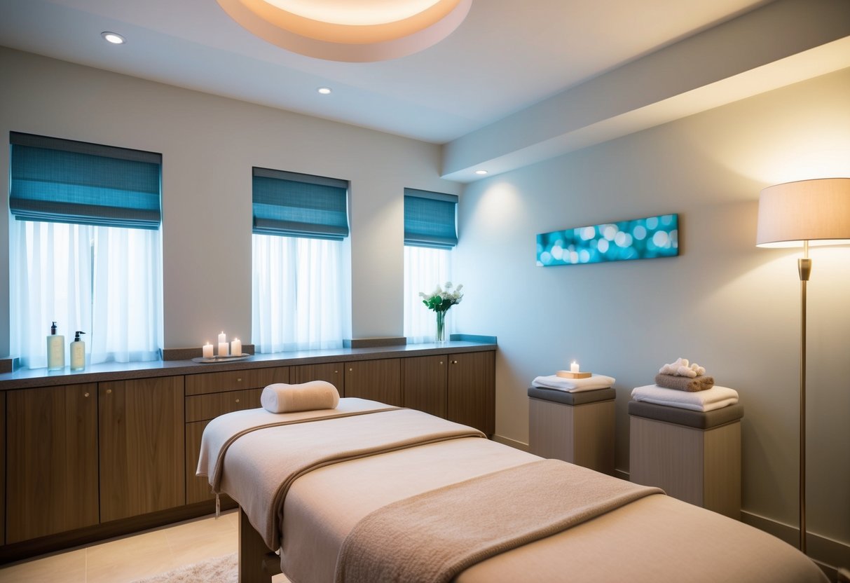 A serene spa room with a massage table, soft lighting, and soothing decor