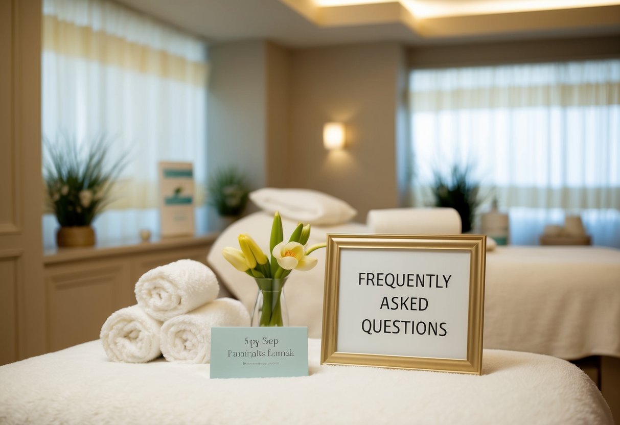 A serene spa setting with promotional materials and a sign for "Frequently Asked Questions" displayed prominently