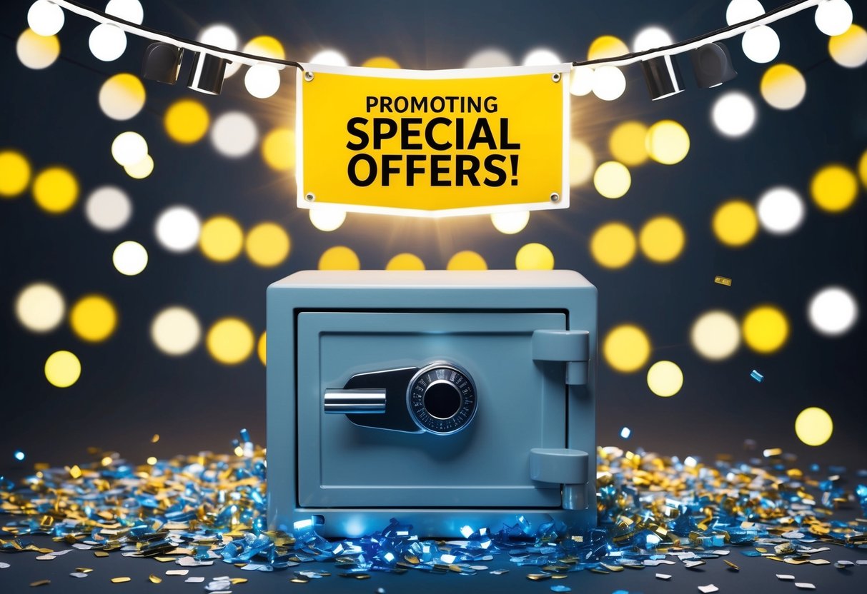 A safe box surrounded by bright lights and confetti, with a banner above promoting special offers