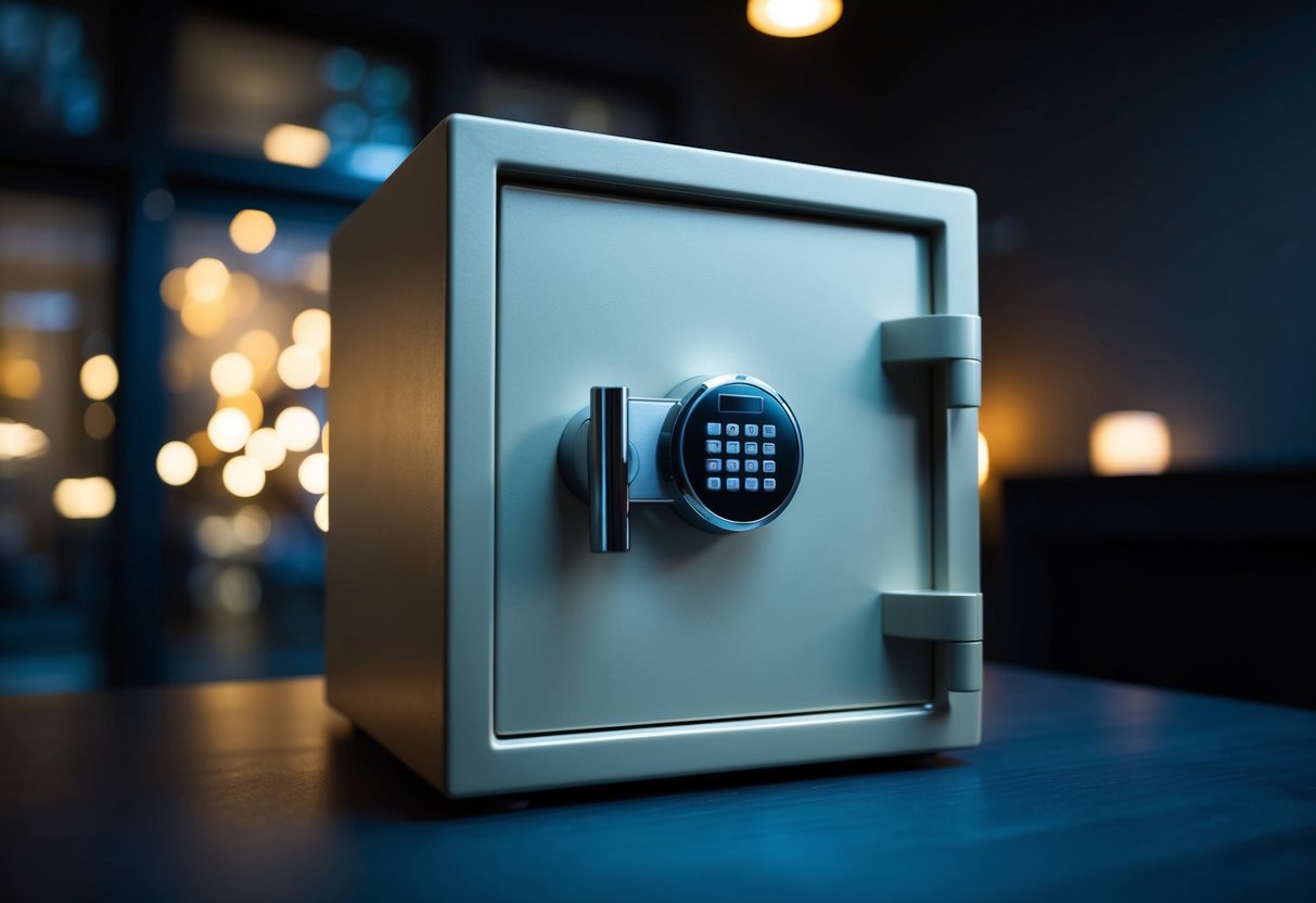 A sleek, modern safe box with advanced security features stands prominently in a dimly lit room, exuding an aura of impenetrable protection