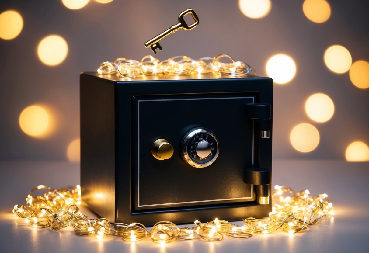 A safe box surrounded by glowing lights, with a golden key floating above it
