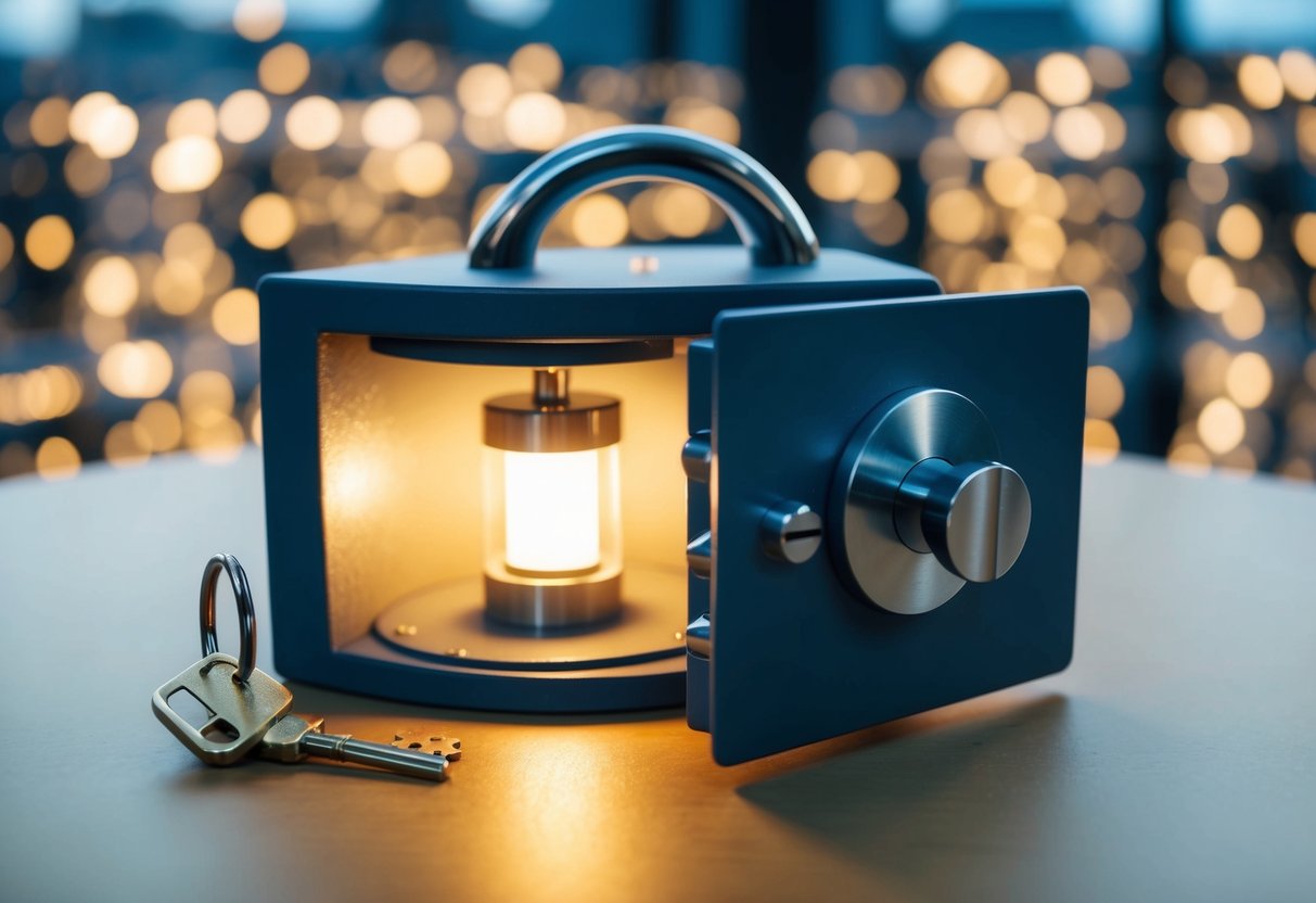 A safe box surrounded by a shield, lock, and key, with a glowing light emanating from within