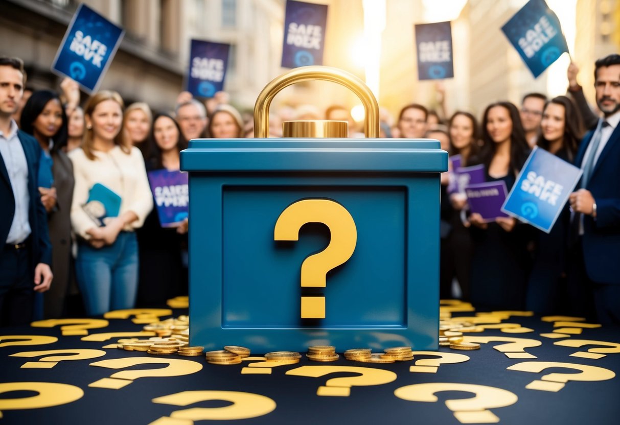 A safe box surrounded by question marks, with promotional banners and a crowd of curious onlookers